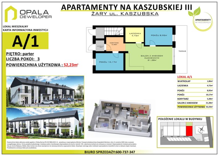 Karta lokalu mieszkalnego z rzutem i szczegółowym układem funkcjonalnym.