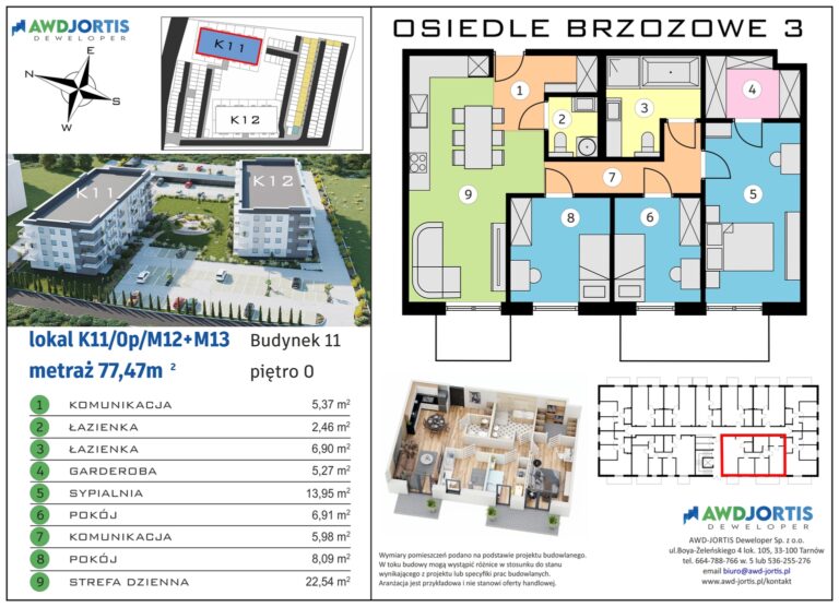 Plansza projektowa apartamentu z układem pomieszczeń i zagospodarowaniem.