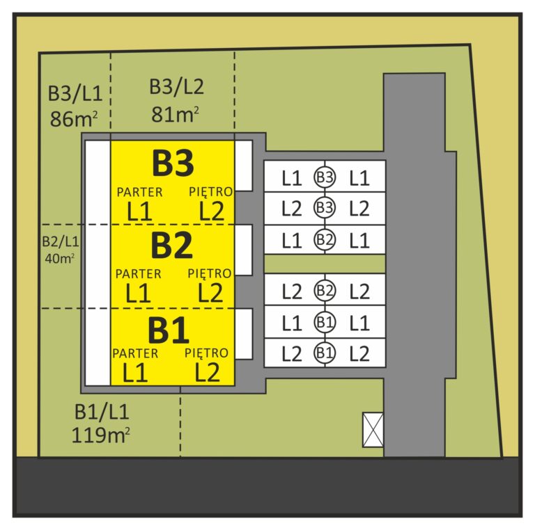 Plan inwestycji z oznaczeniem budynków i podziałem na lokale mieszkalne.