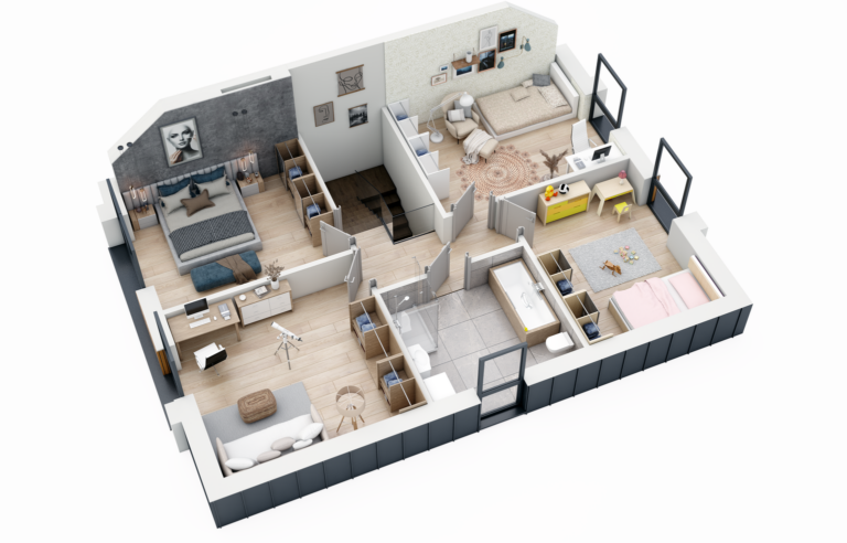 Rzut 3D mieszkania z widocznym układem pomieszczeń i wyposażeniem.