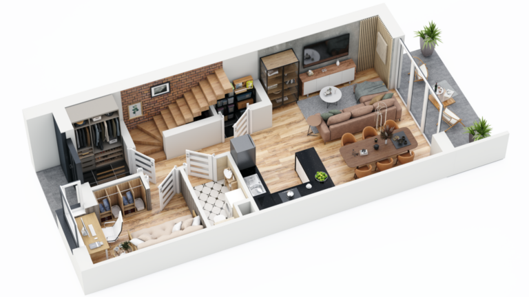 Wizualizacja układu mieszkania z łazienką, kuchnią i strefą dzienną.