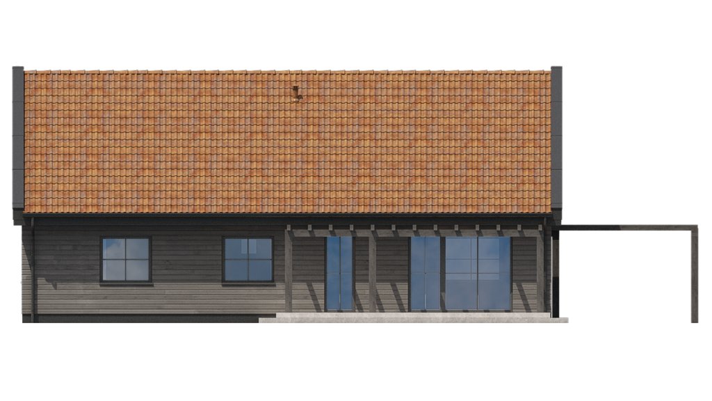 Elewacja ogrodowa domu z dachem z dachówki i wyjściem na taras.