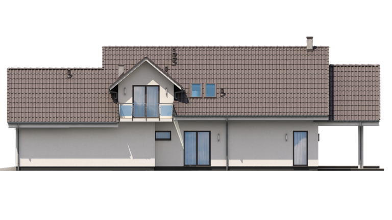 Elewacja domu z jasnym tynkiem i dużymi oknami balkonowymi.