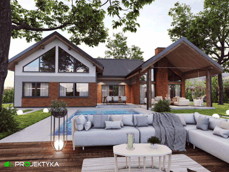 Nowoczesny dom z tarasem i strefą wypoczynkową – wizualizacja 3D architektury.