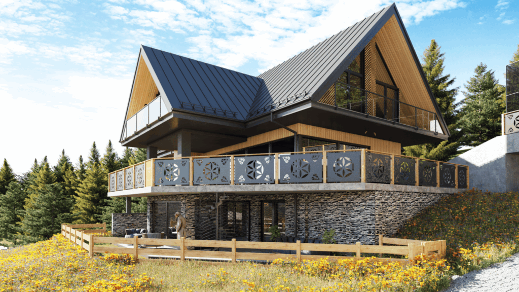 Dom w stylu nowoczesnej stodoły z drewnianą elewacją i balkonem.