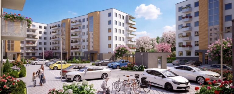 Budynek wielorodzinny w miejskiej zabudowie – wizualizacja deweloperska.