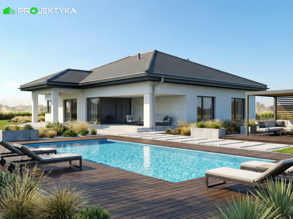 Parterowy dom z basenem i tarasem – realistyczna wizualizacja 3D.