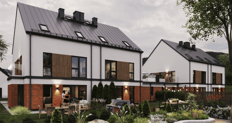 Zabudowa szeregowa nowoczesnych domów z kontrastową elewacją.