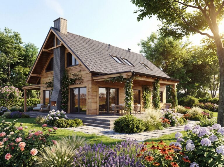 Dom w stylu nowoczesnej stodoły z ogrodem i drewnianą elewacją – wizualizacja 3D.