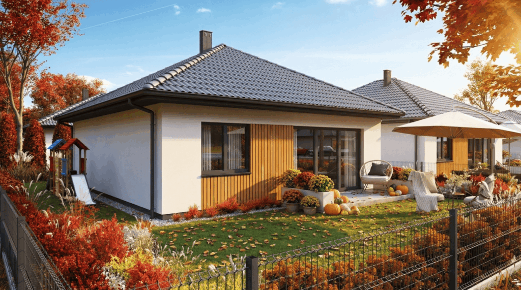 Parterowy dom z ogrodem i klasyczną bryłą – wizualizacja 3D.