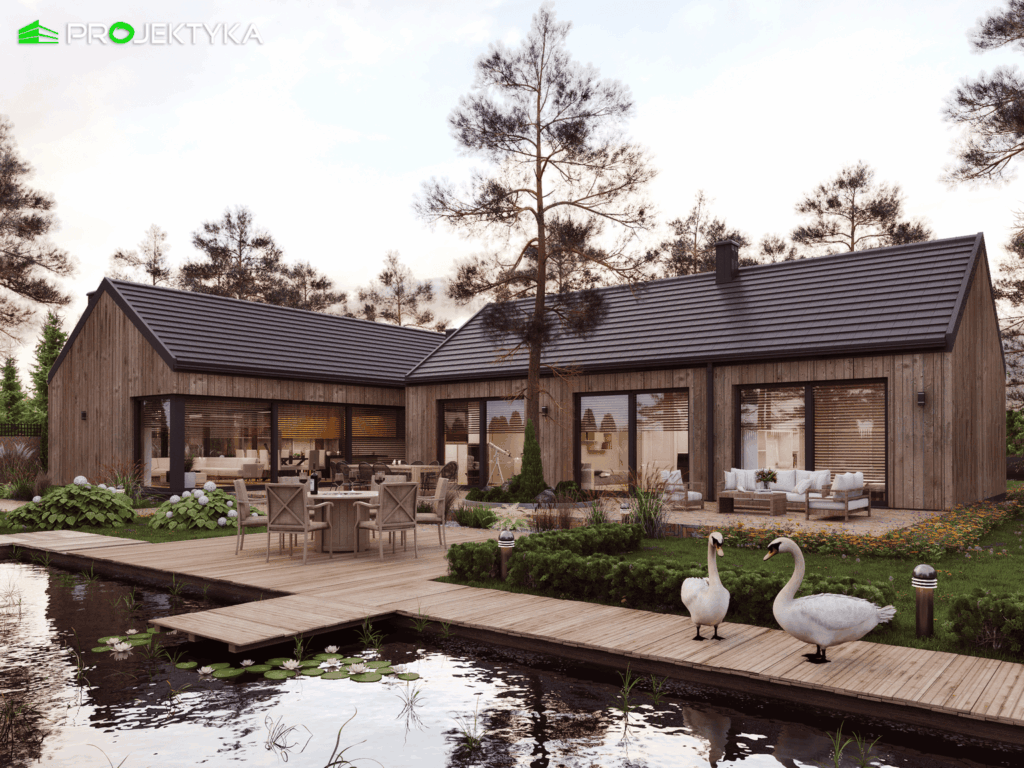 Luksusowy dom parterowy z tarasem i oczkiem wodnym – wizualizacja architektoniczna.