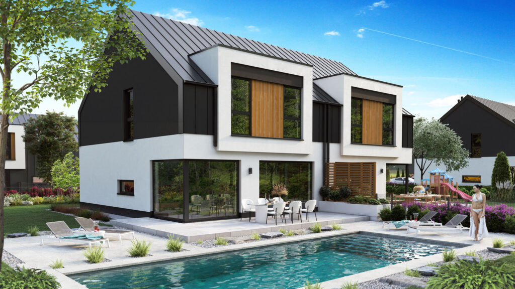 Nowoczesna willa z basenem i ogrodem – wizualizacja architektoniczna 3D.
