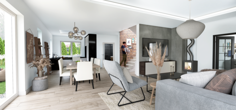 Minimalistyczne wnętrze z biurkiem i przestrzenią do pracy.