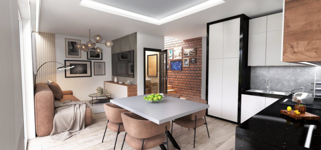 Jadalnia z drewnianym stołem i nowoczesną aranżacją wnętrza.