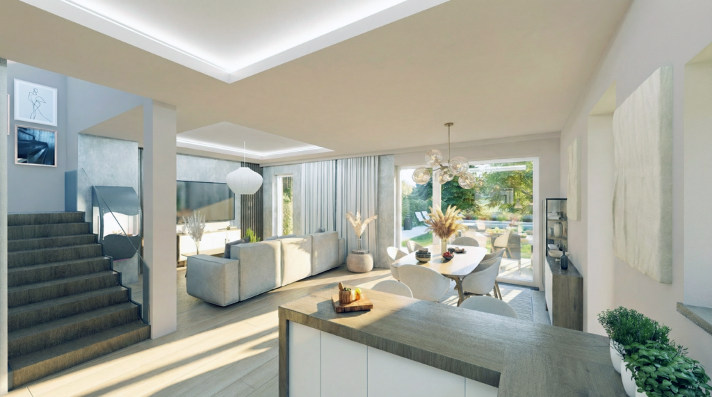 Nowoczesny salon z kuchnią i dużymi przeszkleniami – wizualizacja wnętrza 3D.