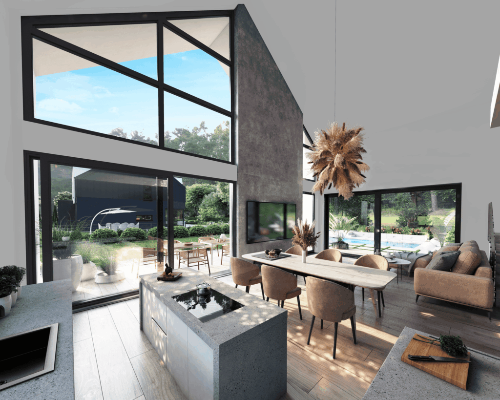 Nowoczesna kuchnia z wyspą i panoramicznymi przeszkleniami – wizualizacja wnętrza 3D.