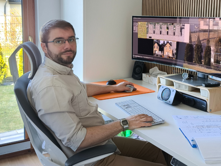 Projektant Bartosz pracujący nad wizualizacją 3D