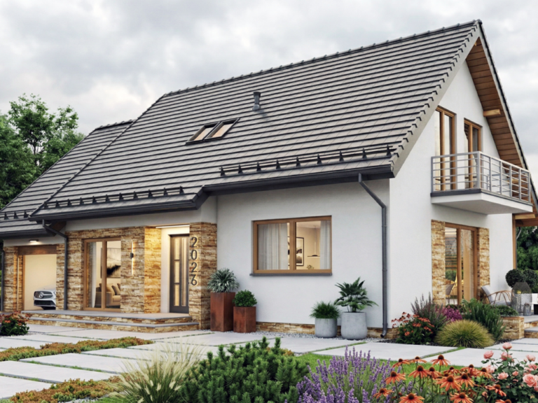Dom jednorodzinny z ogrodem i tarasem – wizualizacja 3D architektury