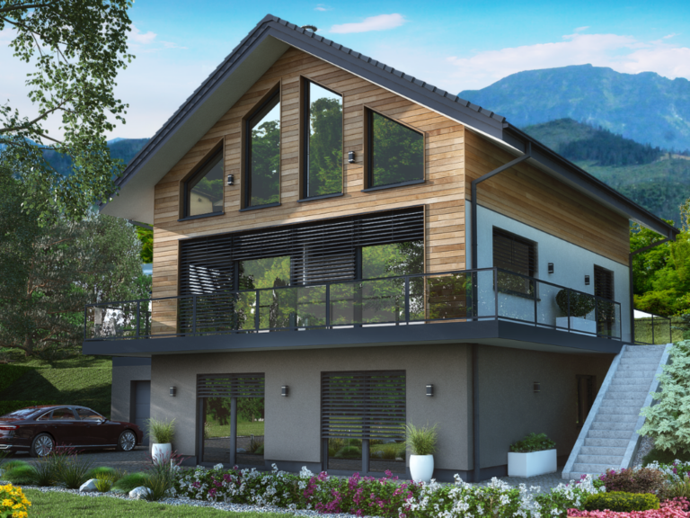 Dom z poddaszem i dużymi przeszkleniami – wizualizacja 3D architektury