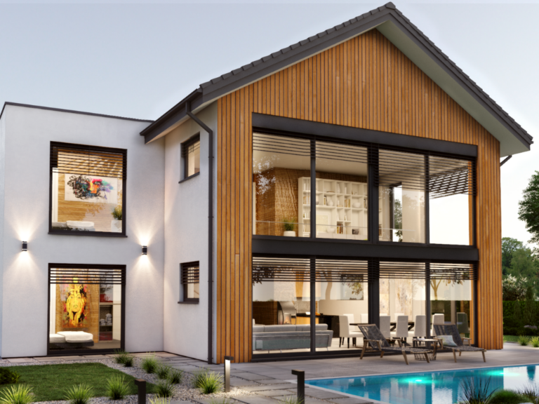 Dom jednorodzinny z drewnianą elewacją i dużymi oknami – wizualizacja 3D architektury