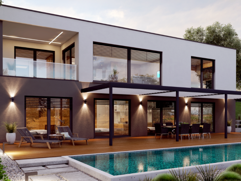 Rezydencja z basenem i oświetleniem nocnym – wizualizacja 3D architektury