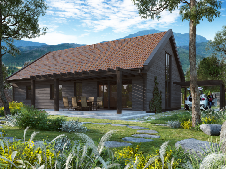 Dom jednorodzinny z elewacją drewnianą – wizualizacja 3D architektury