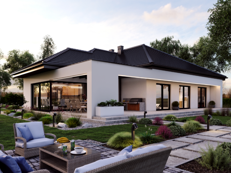 Parterowy dom z tarasem i ogrodem – wizualizacja 3D architektury