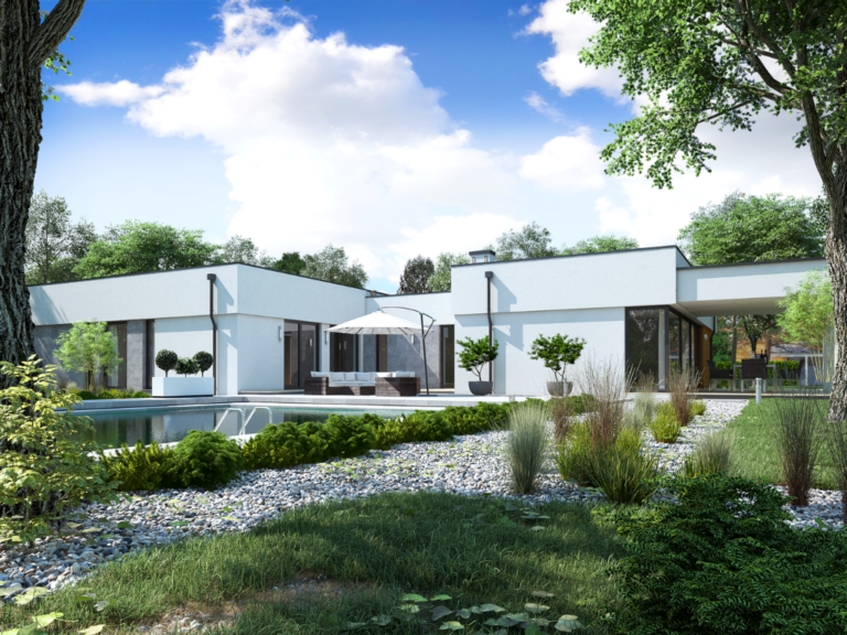 Nowoczesna zabudowa jednorodzinna z ogrodem – wizualizacja 3D architektury