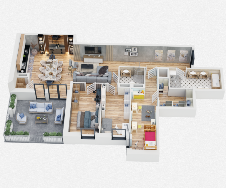 Szczegółowy rzut 3D apartamentu z umeblowaniem i układem pomieszczeń.