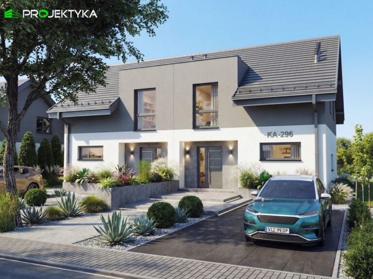 Nowoczesny dom piętrowy z garażem i podjazdem – wizualizacja inwestycji.